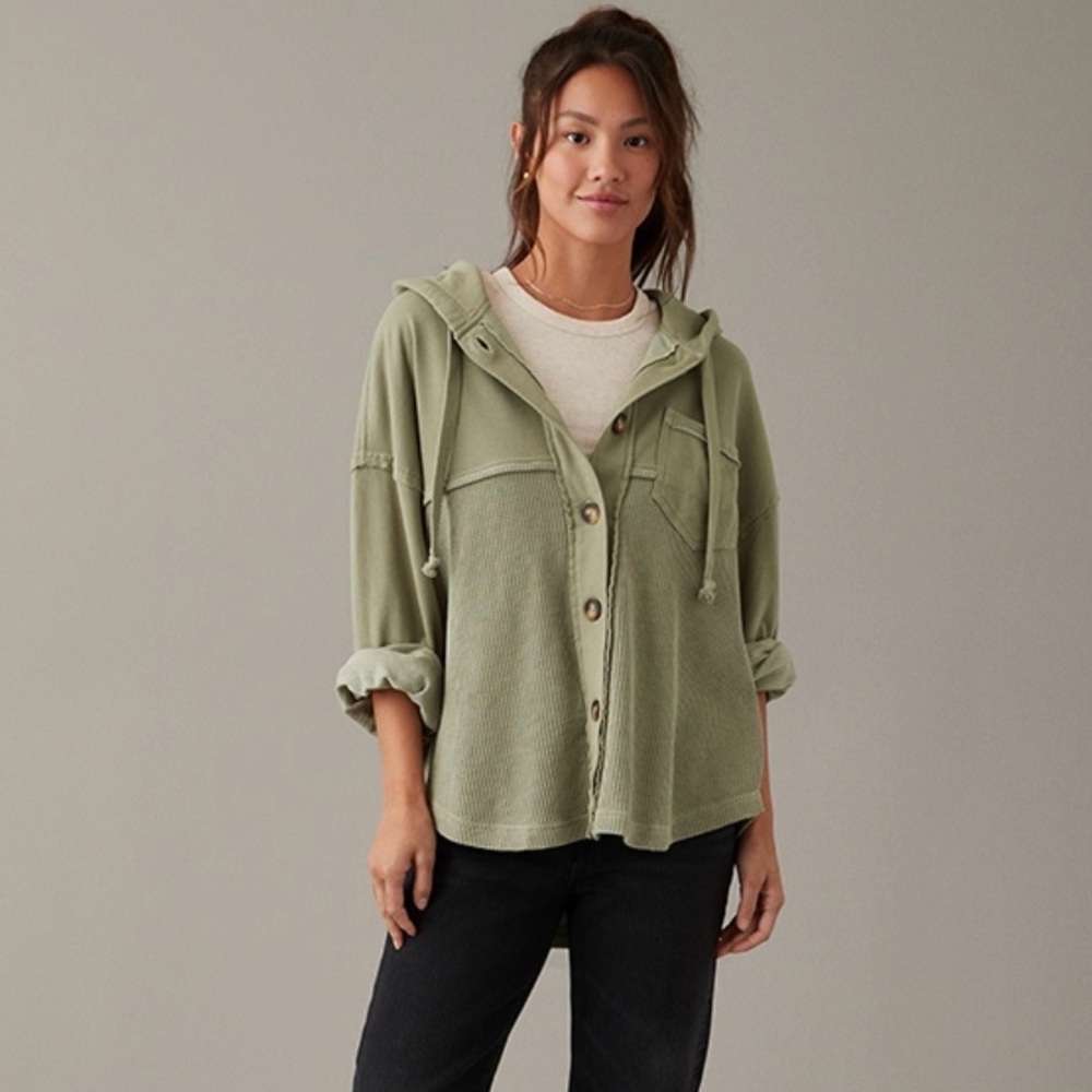 Aerie AE Big Hug Jacket Shacket Button Down Hoodie Sweatshirt Green Oversized